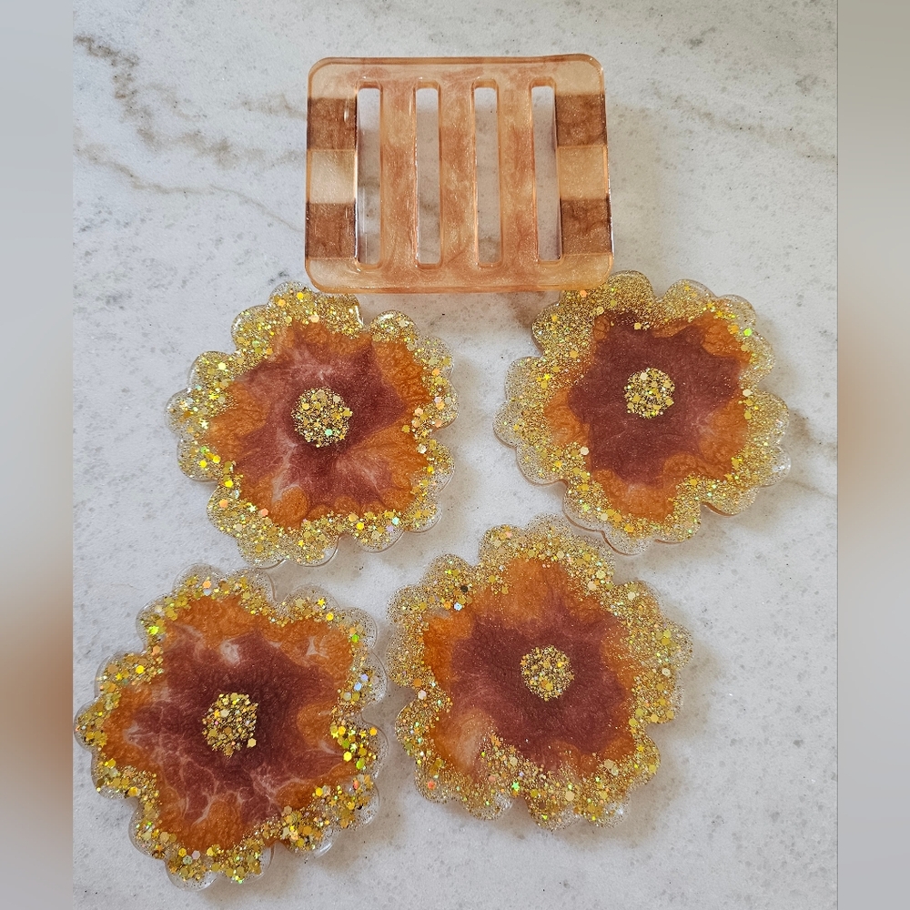 Elegant Orange & Gold Glitter Coaster set